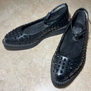 T.U.K. Shoes Black Studded Pointed Toe Ankle Strap Ballet Creepers US Size W9.